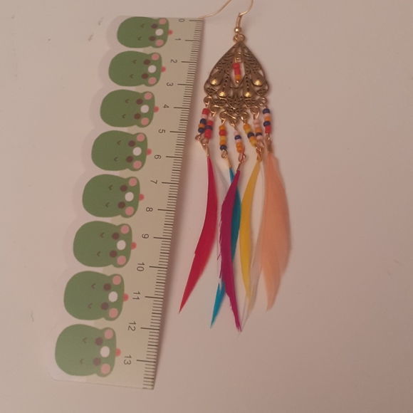 Earrings Bohemian Feather Long Dangle Indian - Picture 5 of 6